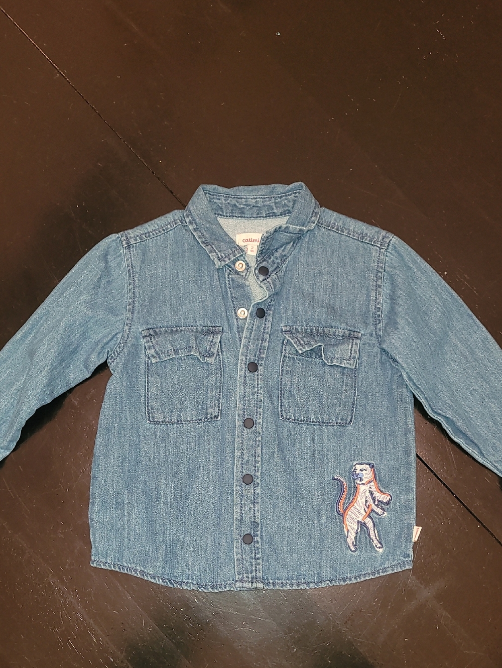 Catimini Blue Denim Kids' Button Up Shirt with Embroidered Tiger Patch